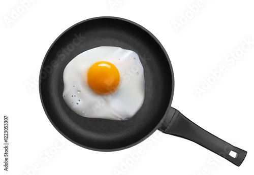 Realistic fried eggs in frying pan top view. 3d frying pan with fried egg