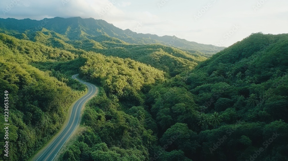 Winding road through lush green mountain landscape Winding road through lush green mountain landscape