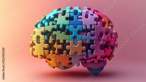 A brain constructed from soft pastel puzzle pieces, symbolizing tranquility and the gentle complexity of human emotions and thoughts in a pleasing aesthetic presentation. photo