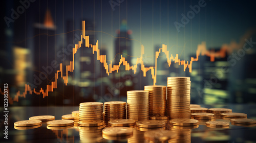 gold coins stock chart financial graph city night background business finance economic growth concept photo