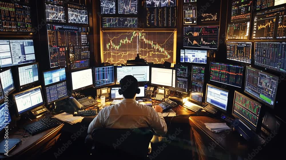 Trader Analyzing Market Trends Surrounded by Multiple Screens in a Busy Financial Office Trader Analyzing Market Trends Surrounded by Multiple Screens in a Busy Financial Office