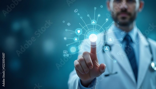 Doctor interacts with digital interface displaying medical icons on a dark background
