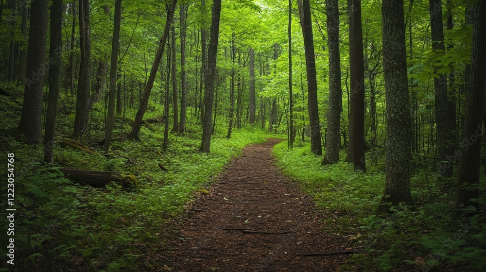Lush forest pathway during daytime with dense greenery and tall trees Lush forest pathway during daytime with dense greenery and tall trees