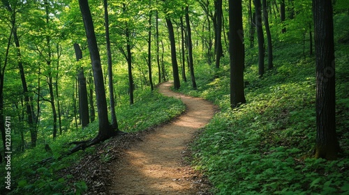 Serene forest path winding through lush green woods on a sunny day