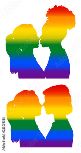 Set of profile silhouettes of two young lesbian couples with rainbow colors of lgbt flag.