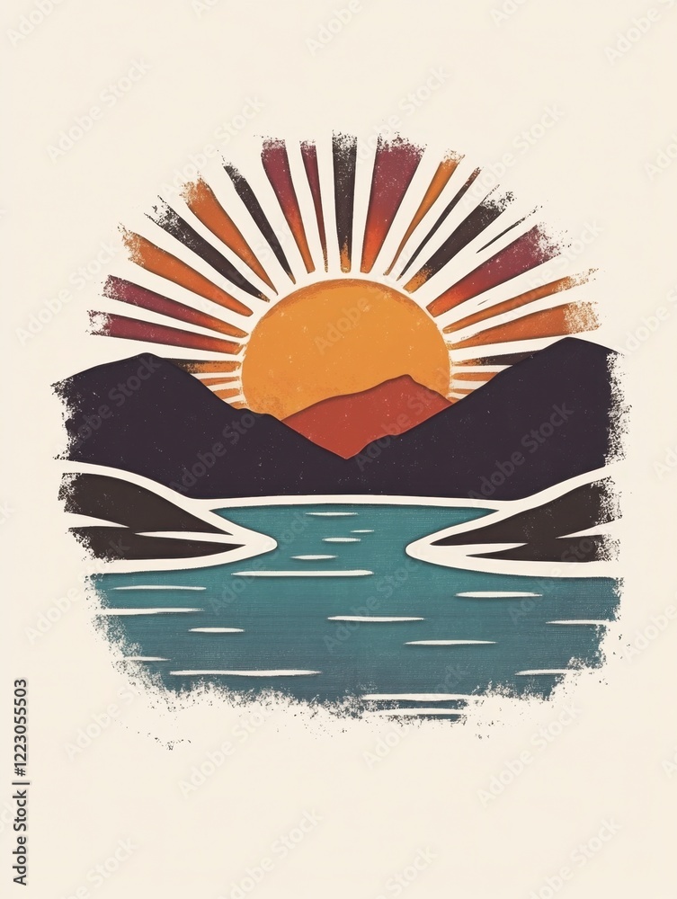 Obraz premium Serene Landscape with Sun Rising Over Calm Water and Mountains