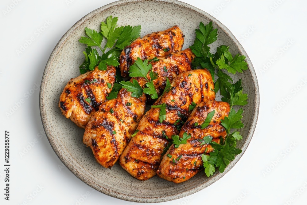 Grilled Chicken Breast Fillets on Plate with Fresh Herbs Garnish Grilled Chicken Breast Fillets on Plate with Fresh Herbs Garnish