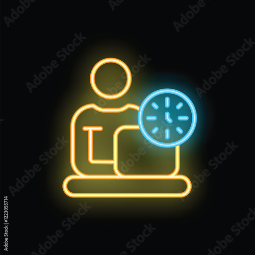 Neon sign icon of a businessman working overtime on a laptop with a clock next to him