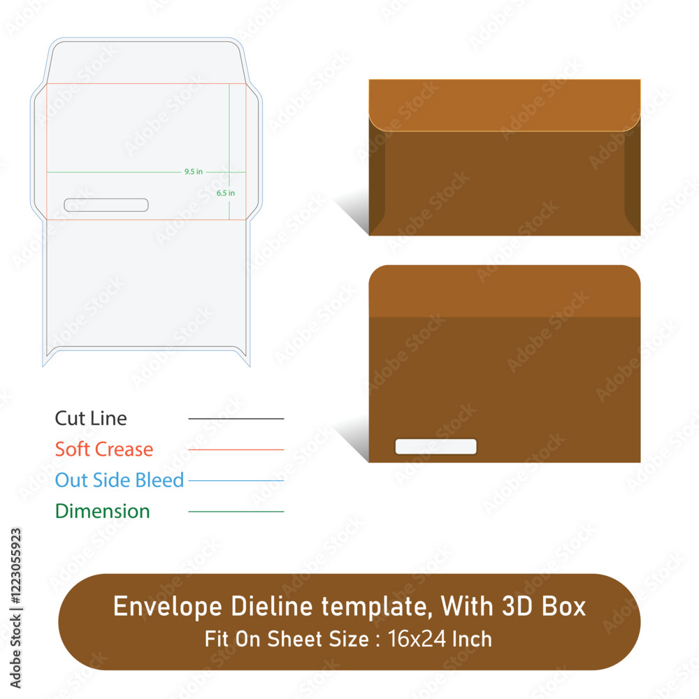 Fototapeta premium Envelope Dieline template, With 3D Box, Size 9.5 x 6.5 in, Vector File