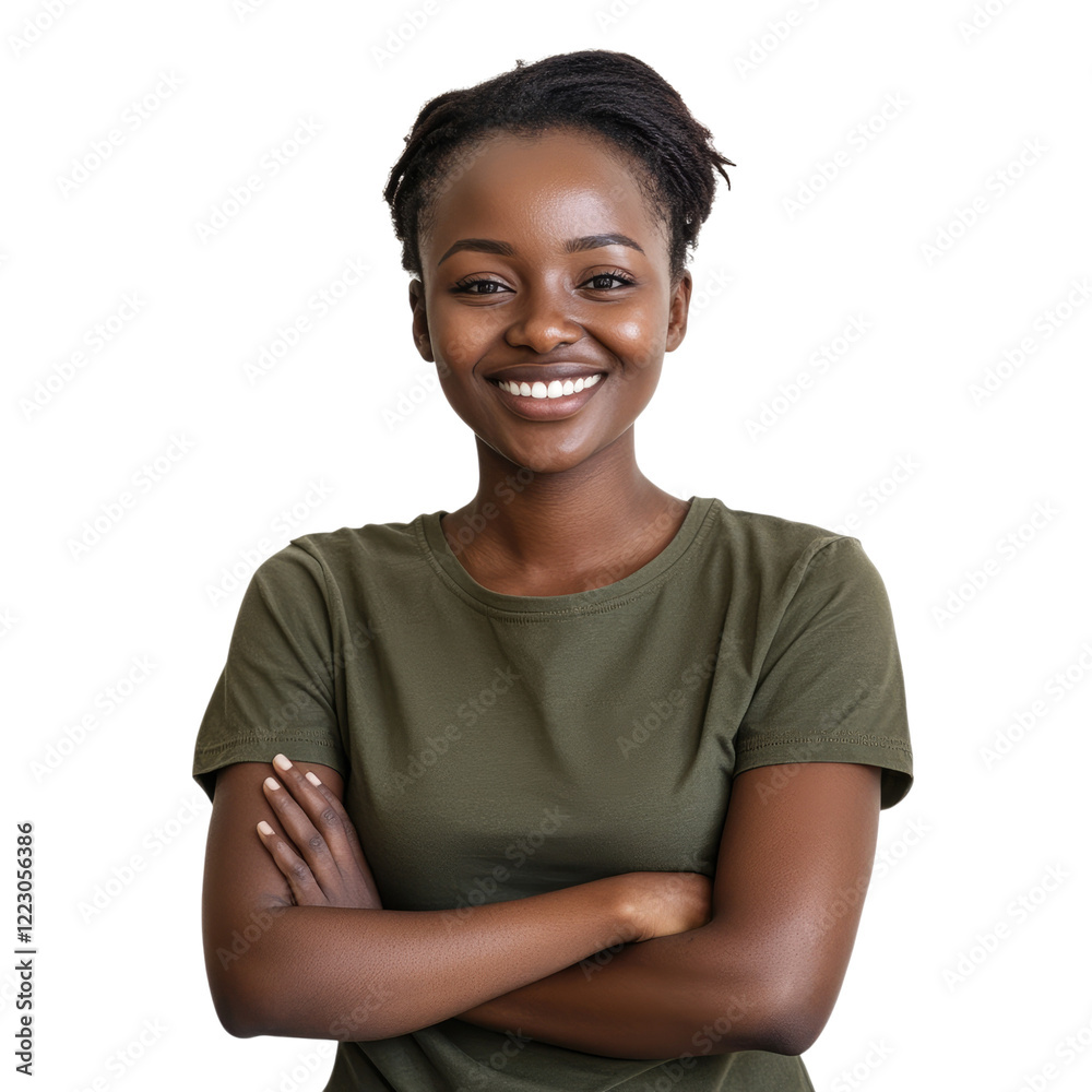 An African woman is smiling, with her arms crossed in front of a white background transparent, alpha background png An African woman is smiling, with her arms crossed in front of a white background transparent, alpha background png