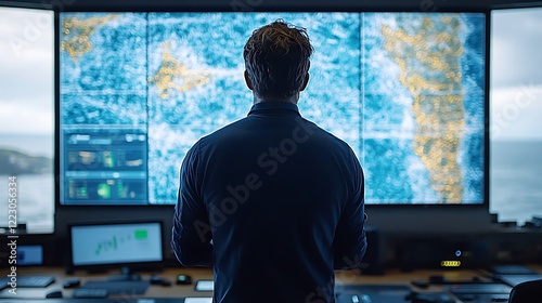 Man observing maritime data on large screens