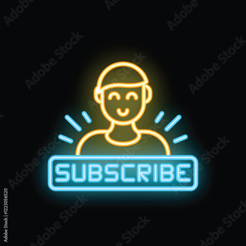 Happy neon influencer recommending to subscribe button on black background