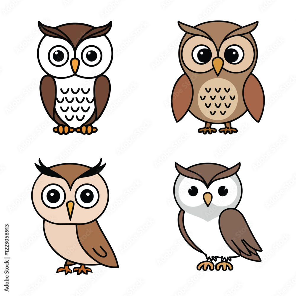 Fototapeta premium Cartoon owls displaying various poses and expressions, featuring playful designs and vibrant colors