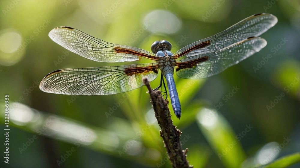 A close-up of a delicate dragonfly perched on a thin tree branch, its translucent wings shimmering under soft sunlight. The background is blurred, featuring lush greenery and a warm A close-up of a delicate dragonfly perched on a thin tree branch, its translucent wings shimmering under soft sunlight. The background is blurred, featuring lush greenery and a warm