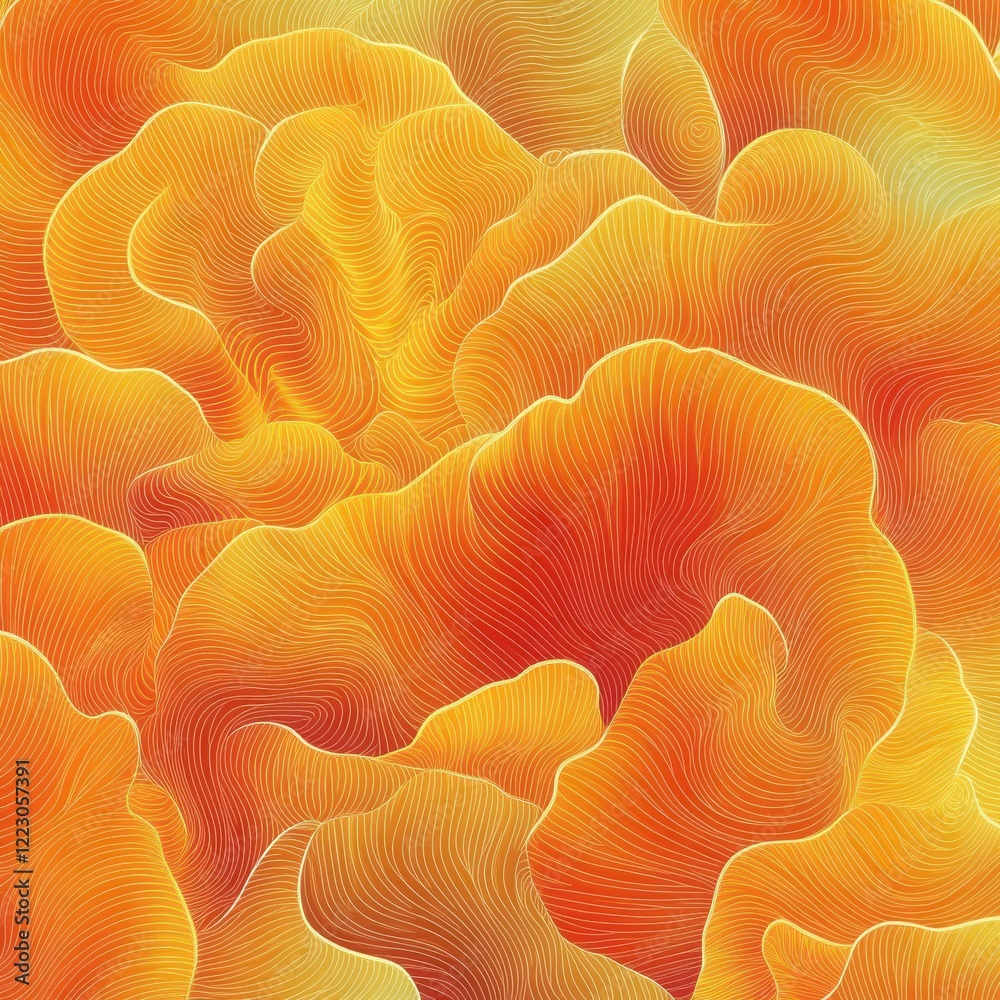 Bright and textured orange petals of a blooming flower, rendered in an abstract style with intricate line patterns and vibrant highlights. Bright and textured orange petals of a blooming flower, rendered in an abstract style with intricate line patterns and vibrant highlights.