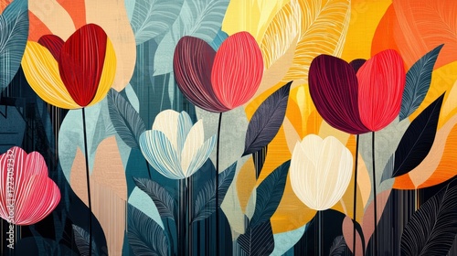 Modern abstract illustration of tulips in bold, vibrant colors with geometric leaves on a dark background, combining nature and contemporary design.