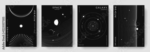 Set of abstract space astronomy backgrounds. Line art galaxy, universe, planet, solar system. Science future concept. Cosmic minimalist design for cover, poster, layout, banner, flyer, brochure