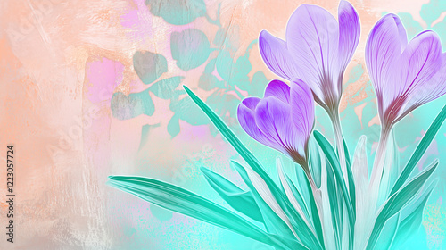 Crocus sativus flowers on a spring grainy gradient background with soft spots