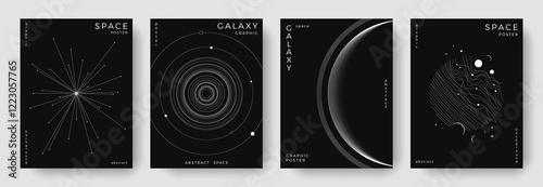 Set of abstract space astronomy backgrounds. Line art galaxy, meteorites, planet, solar system. Science future concept. Cosmic minimalist design for cover, poster, layout, banner, flyer, brochure