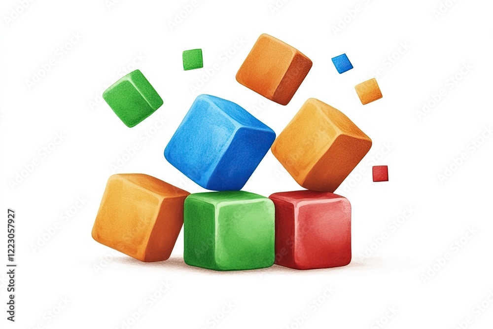 Colorful building blocks scattered playfully on a white background, ideal for children's educational materials Colorful building blocks scattered playfully on a white background, ideal for children's educational materials