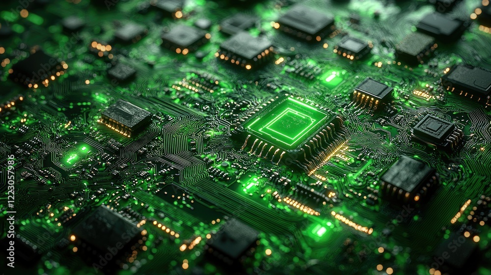 Obraz premium Illuminated Green Circuit Board Shows Central Processing Unit