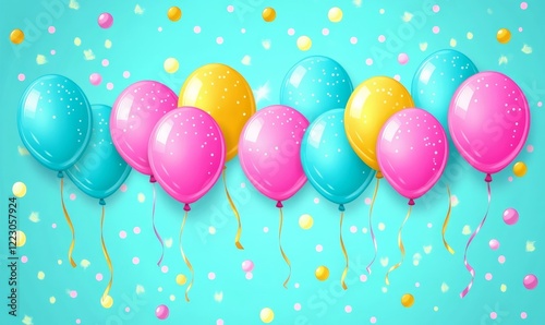Colorful Birthday Helium Balloons in Pink, Blue, and Yellow on Teal Background - Happy Anniversary Party Celebration, Generative AI
