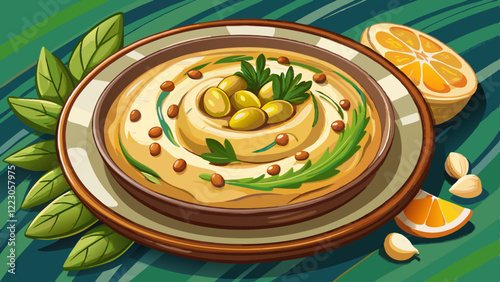 A delightful plate of Lebanese hummus bi tahini, creamy chickpea dip topped with olive oil