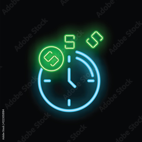 Glowing neon icon of a clock with money symbol, perfect for illustrating the concept of time being money