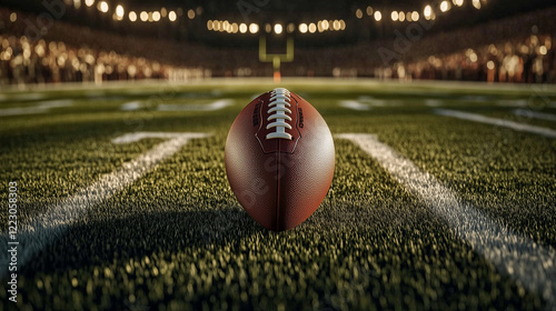 A close-up of a football positioned on the illuminated field under stadium lights, with blurred goalposts in the background, capturing the energy and anticipation of the Super Bowl.