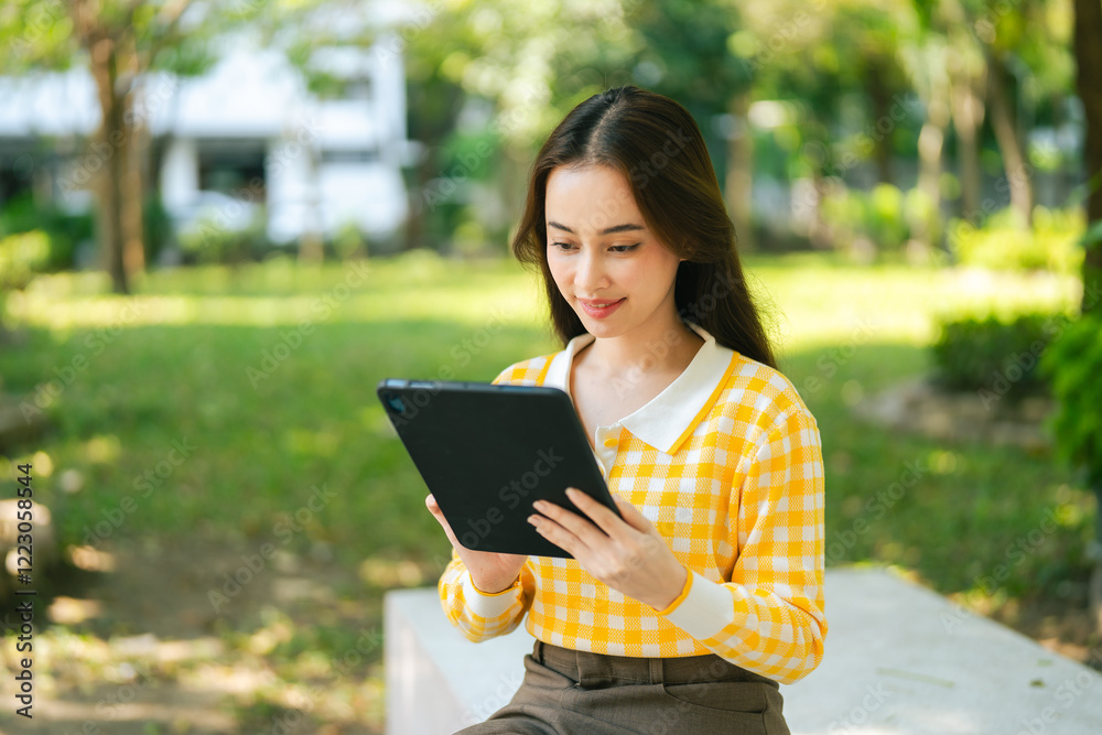 A woman in yellow checkered sweater sits outdoors, using tablet in park. Digital Nomad Lifestyle Freelance Hybrid Work communicating with a colleague A woman in yellow checkered sweater sits outdoors, using tablet in park. Digital Nomad Lifestyle Freelance Hybrid Work communicating with a colleague