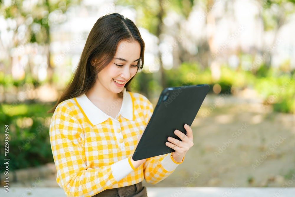 A young woman smiles while using tablet outdoors in sunny park. Digital Nomad Lifestyle Freelance Hybrid Work communicating with a colleague A young woman smiles while using tablet outdoors in sunny park. Digital Nomad Lifestyle Freelance Hybrid Work communicating with a colleague