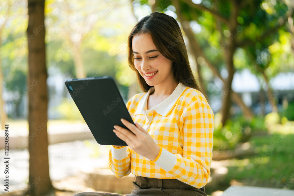A young woman smiles while using tablet outdoors in sunny park. Digital Nomad Lifestyle Freelance Hybrid Work communicating with a colleague A young woman smiles while using tablet outdoors in sunny park. Digital Nomad Lifestyle Freelance Hybrid Work communicating with a colleague