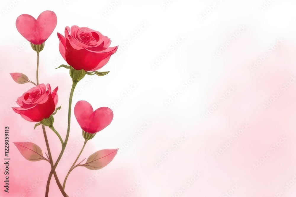 Obraz premium Beautiful Red Roses with Heart Shapes for Romantic Celebrations and Expressing Love on a Soft Pink Background