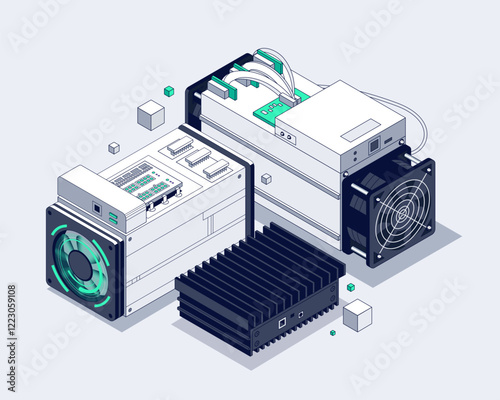 ASIC Mining Isometric illustration. Bitcoin Miner. Cryptocurrency mining equipment and hardware. Blockchain Mining farm concept 