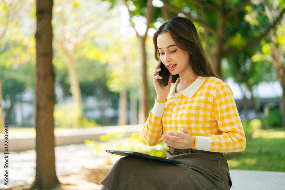 A woman in yellow checkered shirt talks on phone while sitting outdoors, enjoying sunny day. Digital Nomad Lifestyle Freelance Hybrid Work communicating with a colleague A woman in yellow checkered shirt talks on phone while sitting outdoors, enjoying sunny day. Digital Nomad Lifestyle Freelance Hybrid Work communicating with a colleague