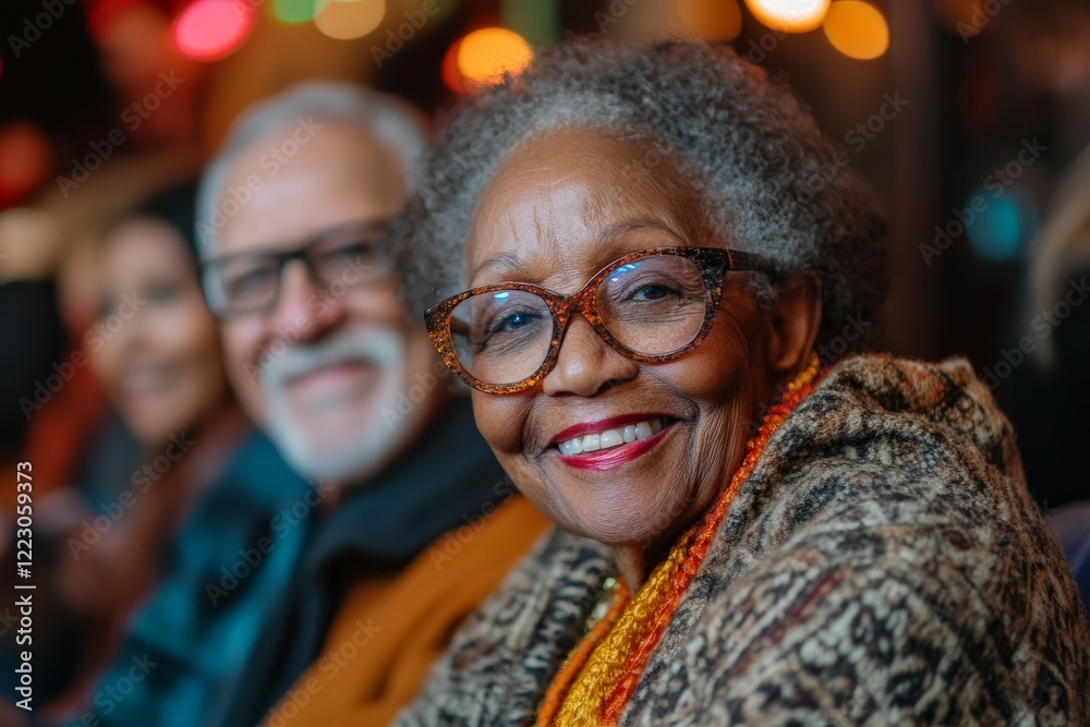 Adults enjoying a warm evening gathering while smiling and sharing joyful moments in a vibrant atmosphere Adults enjoying a warm evening gathering while smiling and sharing joyful moments in a vibrant atmosphere