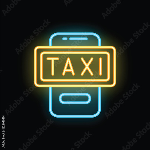 Neon icon of a smartphone showing taxi ordering app interface, isolated vector illustration on black background
