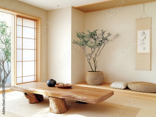 Living room with Japanese country accents, featuring a low wooden table, tatami flooring, warm beige walls, shoji screens, and rustic decor elements like photo