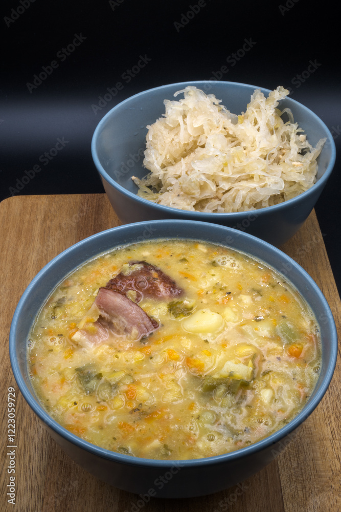 Pea soup, vegetable soup with peas, bacon, and sauerkraut.
Pea soup, vegetable soup with peas, bacon, and sauerkraut.