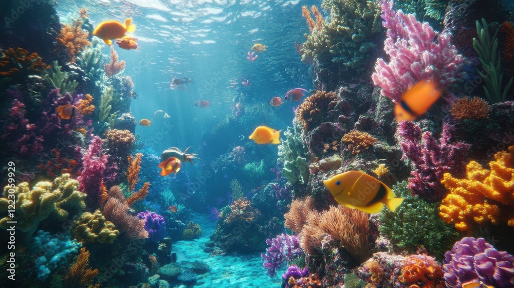 Naklejka premium Colorful marine life in vibrant coral reef underwater scene