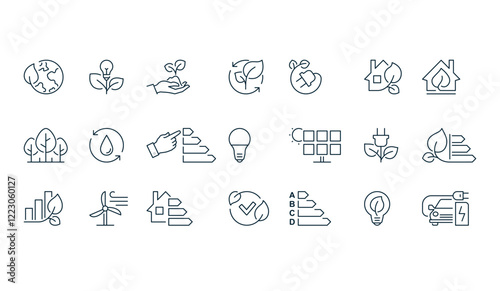 Eco friendly Green energy icons. Graphic flat signs with editable stroke line, isolated on white.