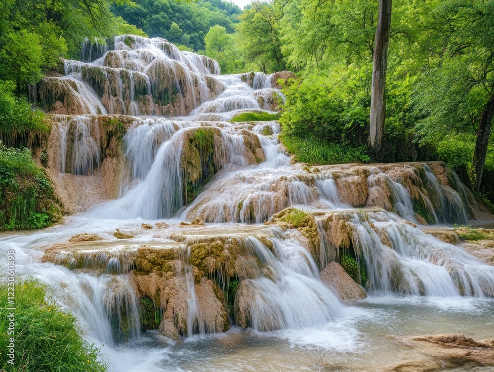 Fototapeta premium Majestic cascading waterfall flows over moss covered rocks in the green forest