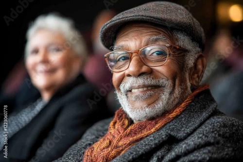 Smiling elderly man wearing glasses at a community event with a woman in the background, showcasing camaraderie and warmth