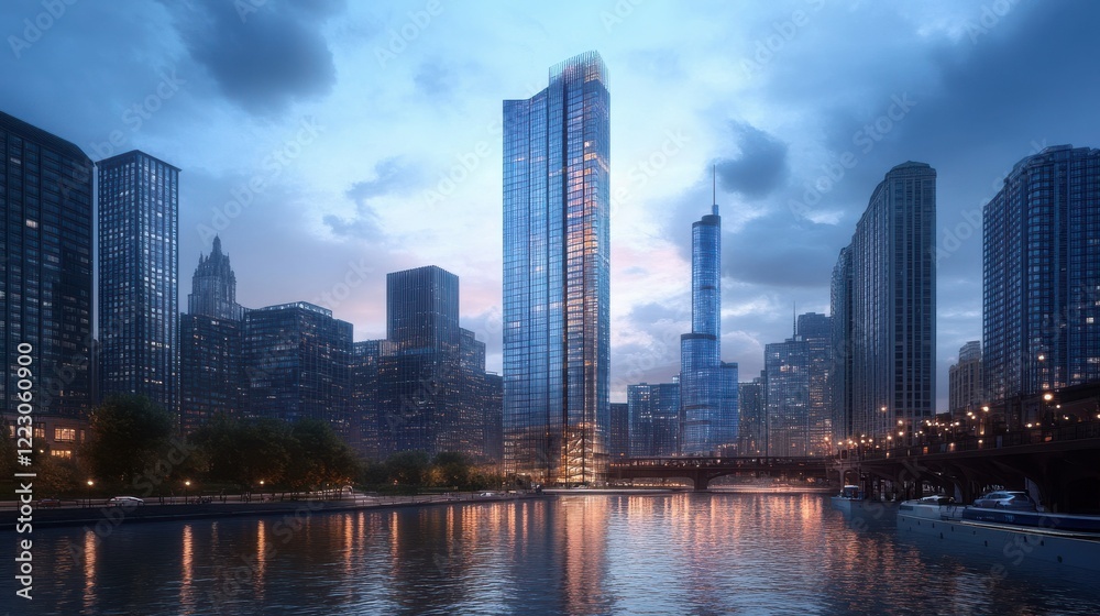 Stunning evening cityscape with skyscrapers and reflections on river Stunning evening cityscape with skyscrapers and reflections on river