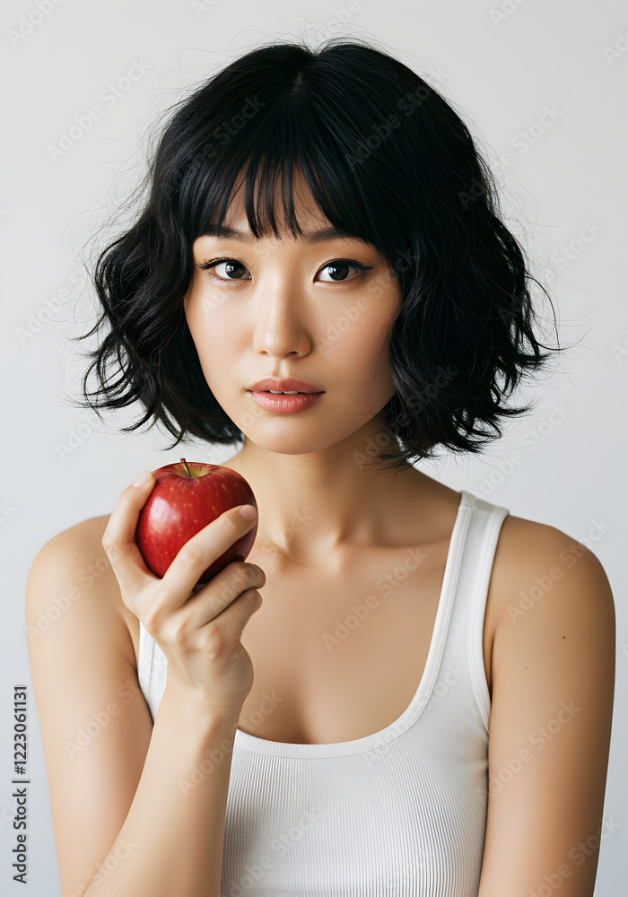 Woman holding red apple suitable for health and nutrition concepts, food blog, lifestyle publications, grocery store advertisements, and wellness designs. Woman holding red apple suitable for health and nutrition concepts, food blog, lifestyle publications, grocery store advertisements, and wellness designs.