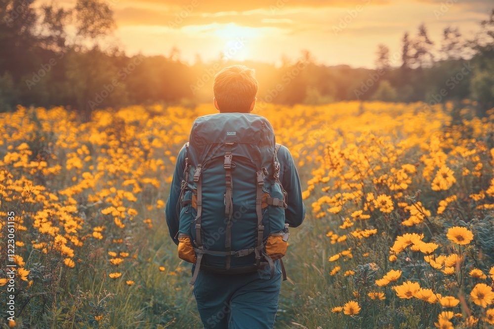 Hiker with backpack walks through vibrant wildflower field at sunset in a serene natural landscape Hiker with backpack walks through vibrant wildflower field at sunset in a serene natural landscape