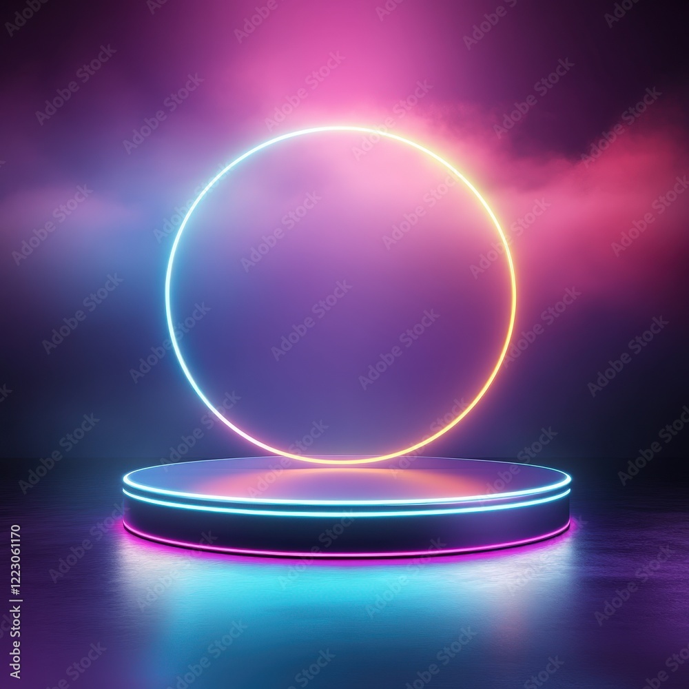 Neon Circle and Illuminated Podium: Futuristic Product Display Background Neon Circle and Illuminated Podium: Futuristic Product Display Background