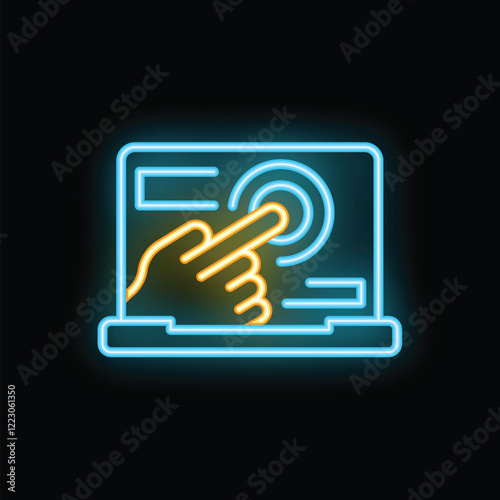 Glowing neon icon of a hand pressing a button on a laptop screen, representing online interaction and digital technology