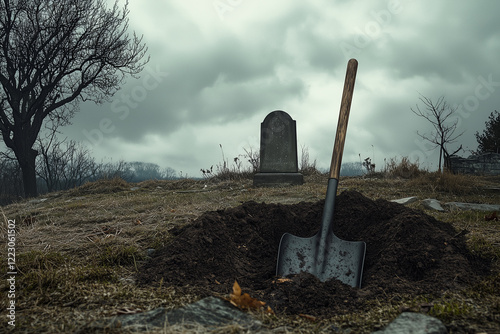 Graveyard scene, somber mood, shovel beside grave mound, tombstone and cloudy sky, mourning concept photo