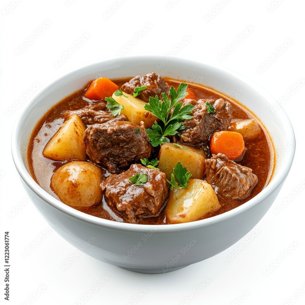 A bowl of hearty beef stew with potatoes and carrots, isolated white background, minimalist art style